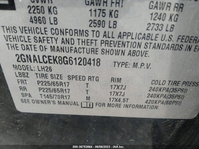 2016 CHEVROLET EQUINOX LT VIN: 2GNALCEK8G6120418