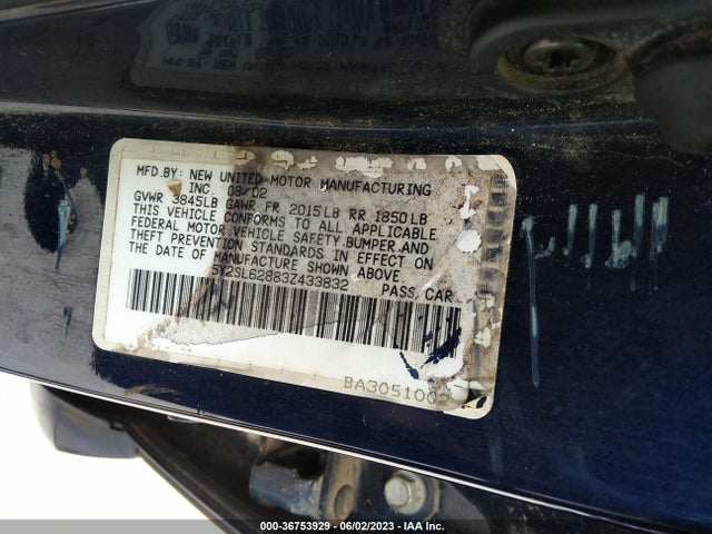 2003 PONTIAC VIBE VIN: 5Y2SL62883Z433832