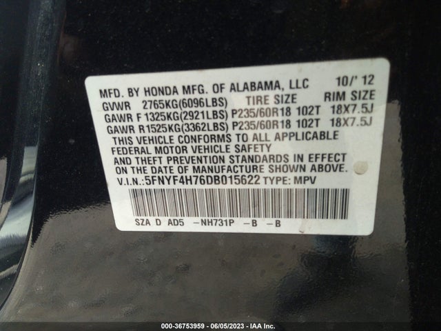 2013 HONDA PILOT EX-L VIN: 5FNYF4H76DB015622