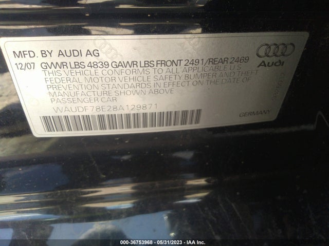 2008 AUDI A4 2.0T/SE 2.0T VIN: WAUDF78E28A129871