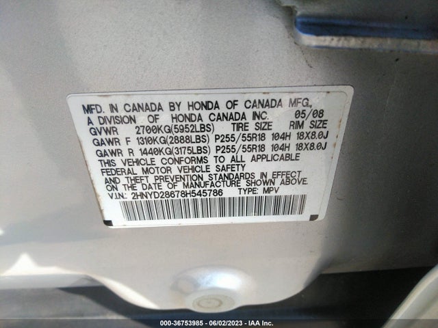 36753985 :رقم المزاد ، 2HNYD28678H545786 vin ، 2008 Acura Mdx Technology Package مزاد بيع