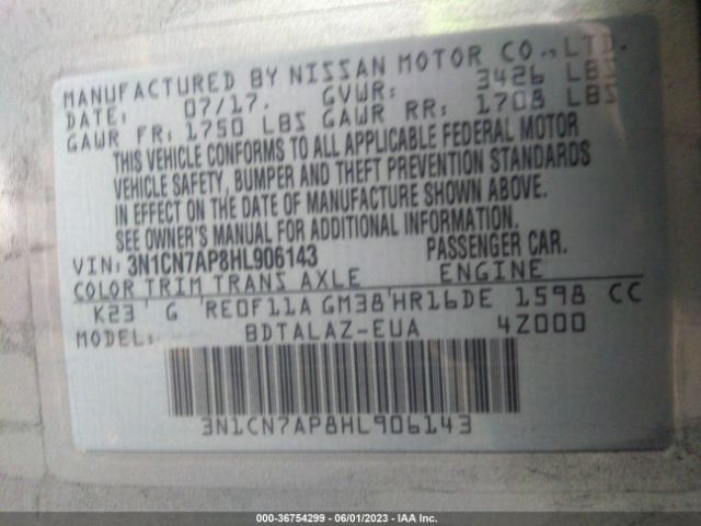 3N1CN7AP8HL906143 Nissan Versa Sedan S Plus