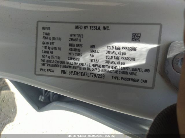 5YJ3E1EA7LF797259 Tesla Model 3 Standard Range