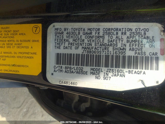 2001 LEXUS GS 300 VIN: JT8BD69S710116395