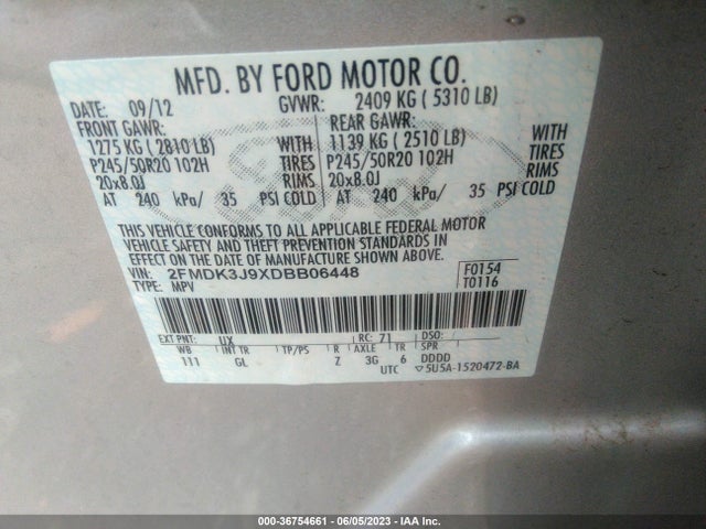 2013 FORD EDGE SEL VIN: 2FMDK3J9XDBB06448
