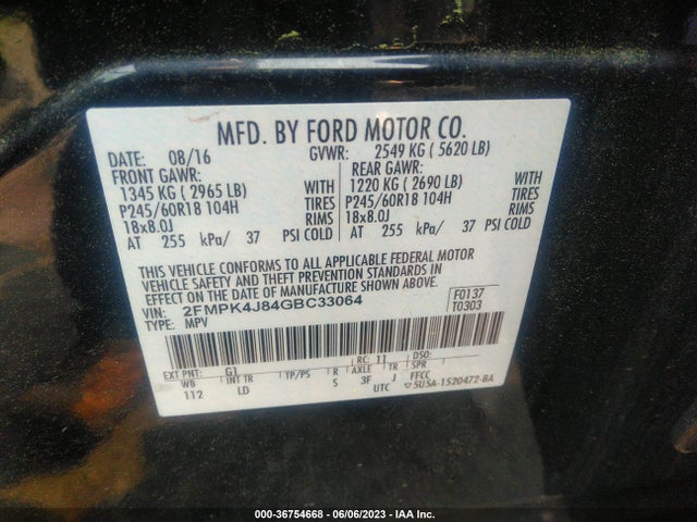 2016 FORD EDGE SEL VIN: 2FMPK4J84GBC33064