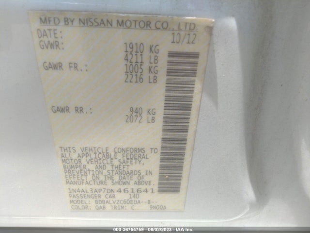 2013 NISSAN ALTIMA 2.5 SL VIN: 1N4AL3AP7DN461641