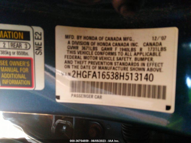2008 HONDA CIVIC SDN LX VIN: 2HGFA16538H513140