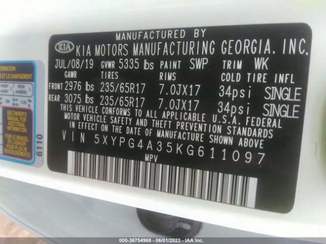 5XYPG4A35KG611097 KIA SORENTO L