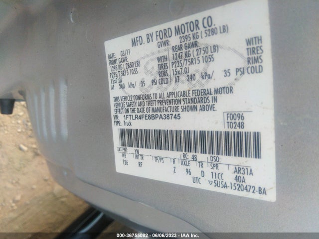 2011 FORD RANGER XLT/SPORT VIN: 1FTLR4FE8BPA38745