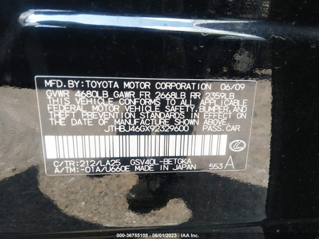 Продажа на аукционе авто 2009 Lexus Es 350, vin: JTHBJ46GX92329600, номер лота: 36755108