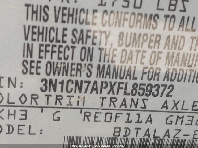 3N1CN7APXFL859372 Nissan Versa S Plus