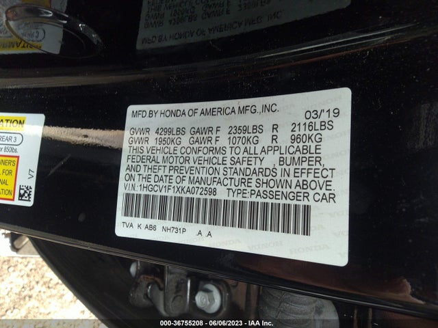 Honda ACCORD LX 2019 1HGCV1F1XKA072598 Image 9