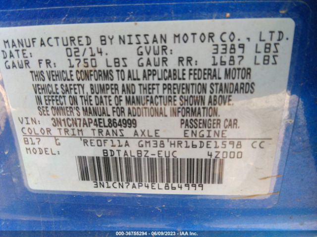 3N1CN7AP4EL864999 Nissan VERSA SV