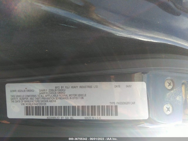 2008 SUBARU LEGACY VIN: 4S3BL616487203126