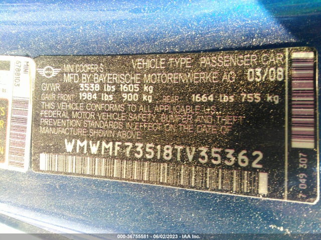 2008 MINI COOPER S WMWMF73518TV35362 Photo 8