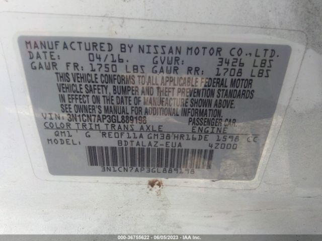 3N1CN7AP3GL889198 Nissan Versa S Plus