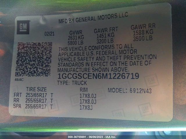 2021 CHEVROLET COLORADO 2WD LT VIN: 1GCGSCEN6M1226719