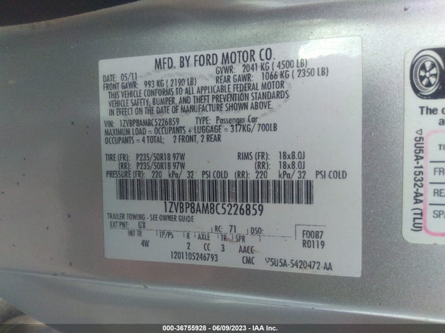 2012 FORD MUSTANG V6 VIN: 1ZVBP8AM8C5226859