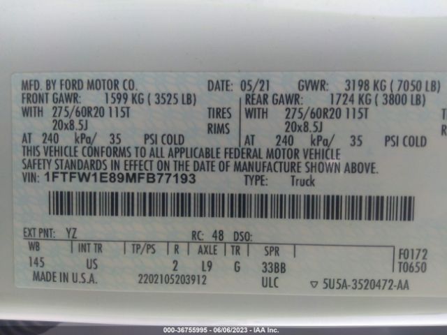 1FTFW1E89MFB77193 Ford F-150 Xl/xlt/lariat