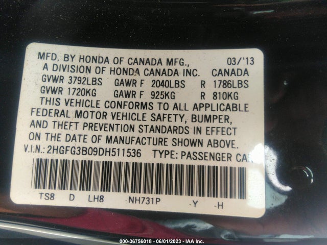 2013 HONDA CIVIC CPE EX-L VIN: 2HGFG3B09DH511536