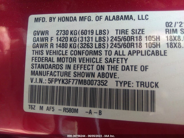 Honda Ridgeline Rtl-e 2021 5FPYK3F77MB007352 Image 9