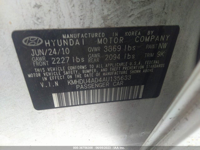 2010 HYUNDAI ELANTRA GLS PZEV VIN: KMHDU4AD4AU135633