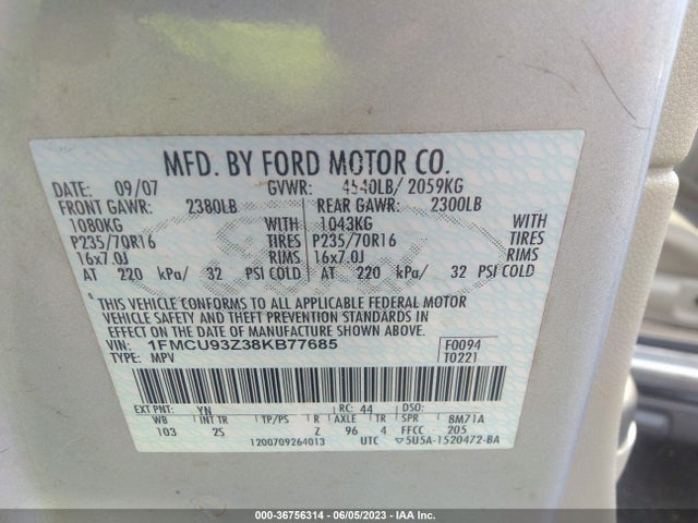 2008 FORD ESCAPE XLT VIN: 1FMCU93Z38KB77685