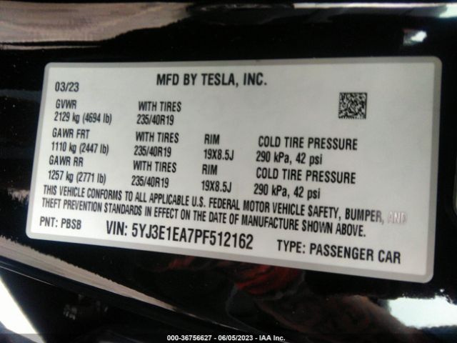 5YJ3E1EA7PF512162 Tesla MODEL 3