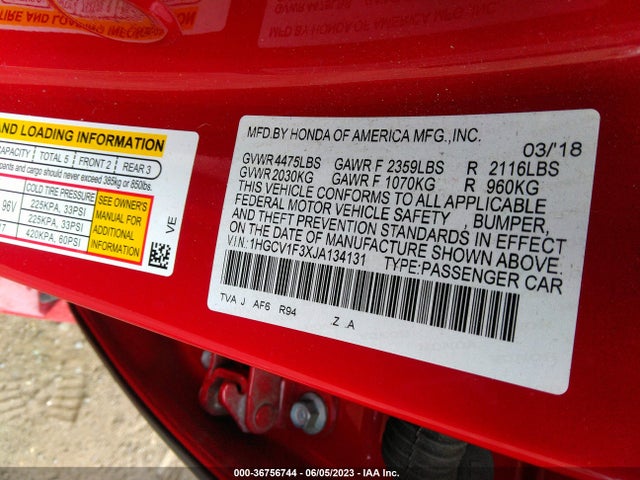 2018 HONDA ACCORD SEDAN SPORT 1.5T VIN: 1HGCV1F3XJA134131