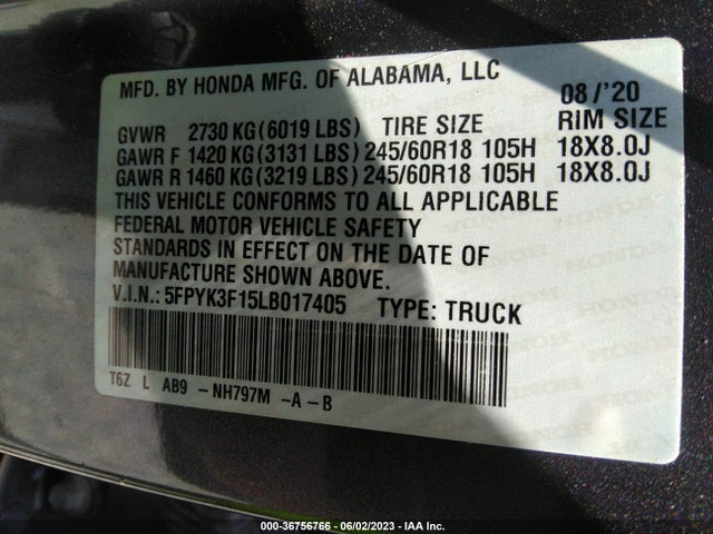 Honda Ridgeline Sport 2020 5FPYK3F15LB017405 Image 9