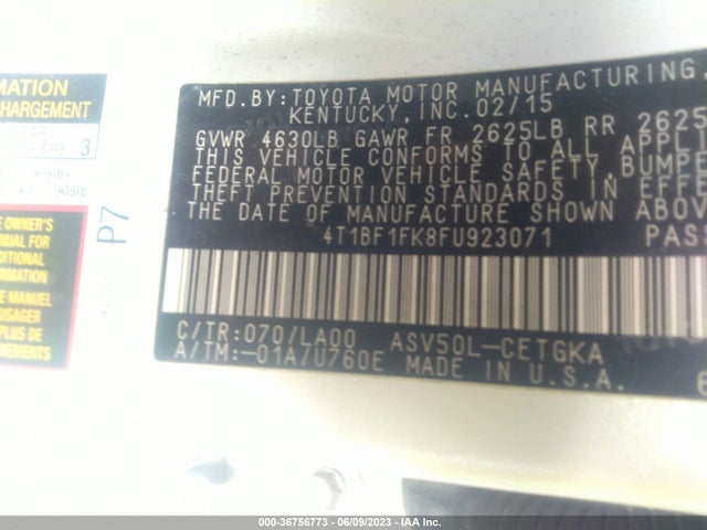 2015 TOYOTA CAMRY XLE/SE/LE/XSE VIN: 4T1BF1FK8FU923071