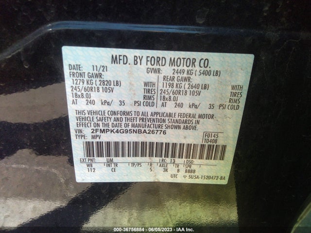 2022 FORD EDGE SE VIN: 2FMPK4G95NBA26776