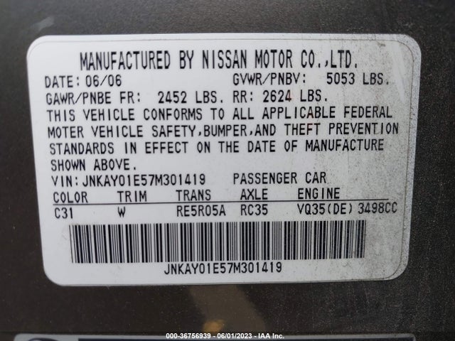 36756939 :رقم المزاد ، JNKAY01E57M301419 vin ، 2007 Infiniti M35 Sport مزاد بيع