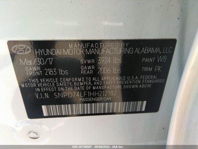 2017 HYUNDAI ELANTRA SE VIN: 5NPD74LF1HH212182