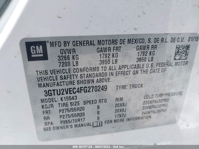 2015 GMC SIERRA 1500 SLT VIN: 3GTU2VEC4FG270249