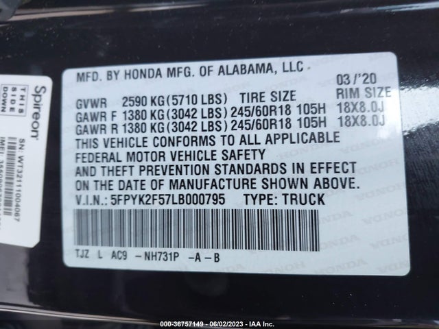 Honda Ridgeline Rtl 2020 5FPYK2F57LB000795 Image 9