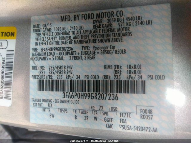 3FA6P0H99GR207236 Ford FUSION SE