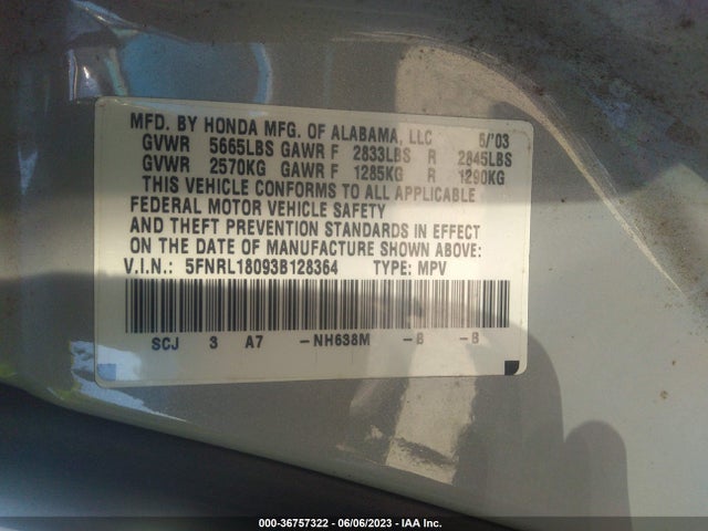 2003 HONDA ODYSSEY EX-L VIN: 5FNRL18093B128364