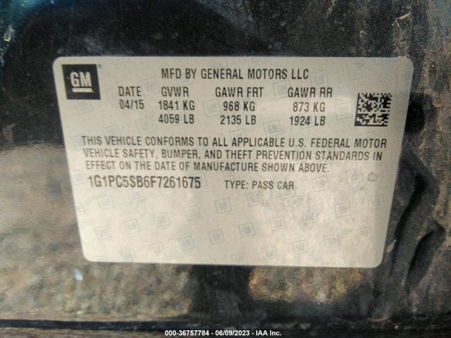 2015 CHEVROLET CRUZE LT VIN: 1G1PC5SB6F7261675