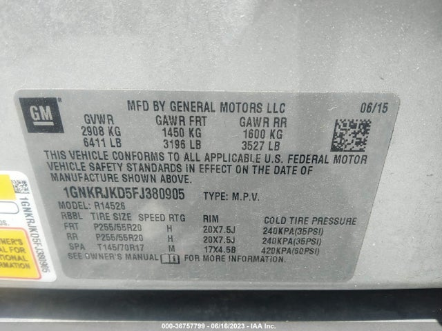 Chevrolet Traverse Ltz 2015 1GNKRJKD5FJ380905 Image 15