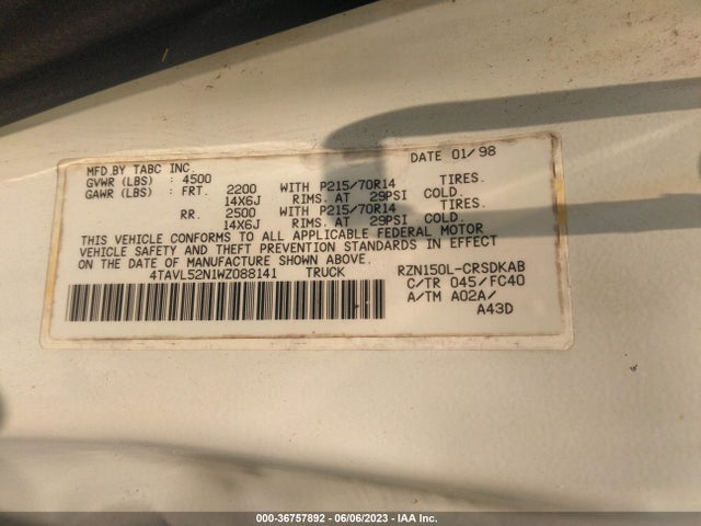 1998 TOYOTA TACOMA VIN: 4TAVL52N1WZ088141