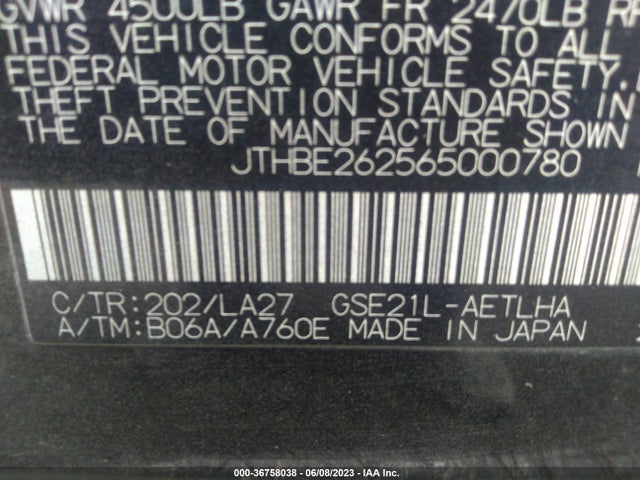 2006 LEXUS IS 350 AUTO VIN: JTHBE262565000780