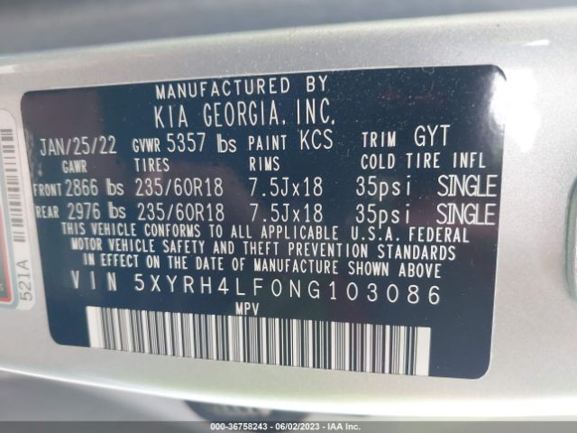 5XYRH4LF0NG103086 KIA SORENTO EX