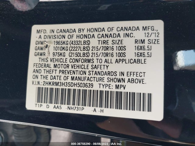 2013 HONDA CR-V LX VIN: 2HKRM3H35DH503639
