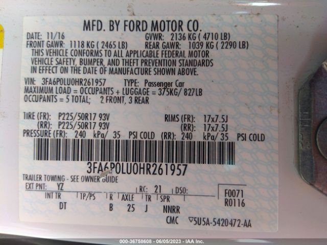 3FA6P0LU0HR261957 Ford Fusion Hybrid Se