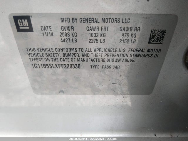 2015 CHEVROLET MALIBU LS VIN: 1G11B5SLXFF220330