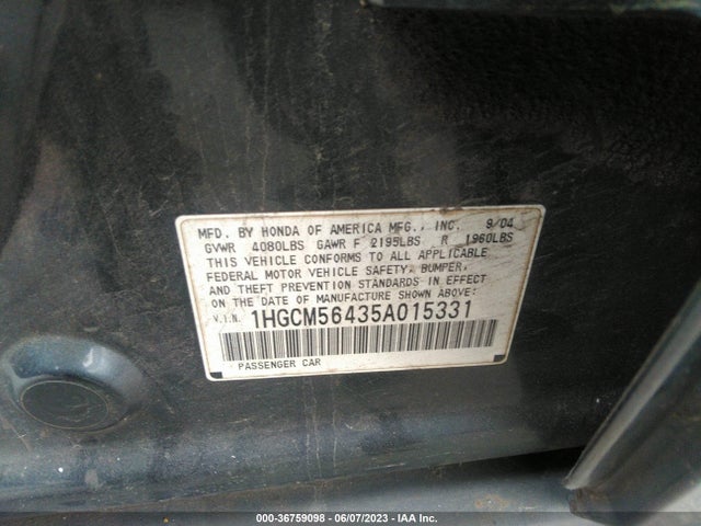 2005 HONDA ACCORD SDN LX VIN: 1HGCM56435A015331