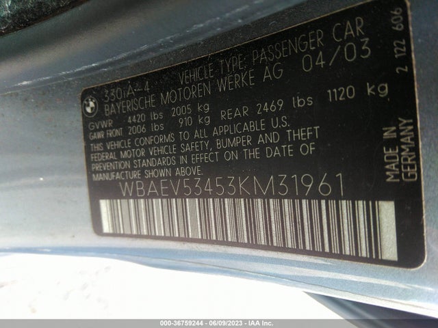 2003 BMW 3 SERIES 330I VIN: WBAEV53453KM31961