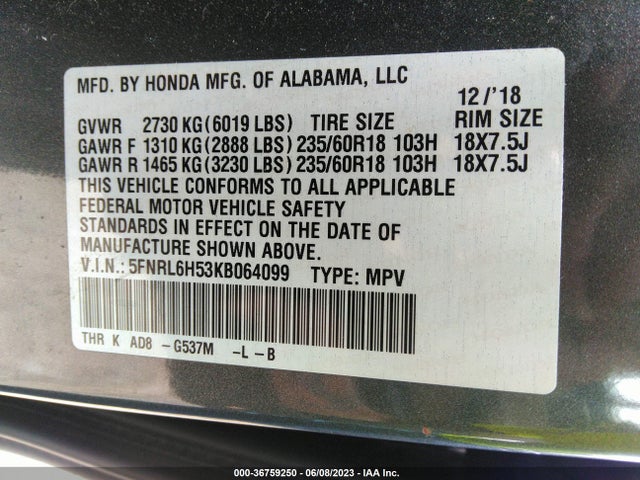 Honda ODYSSEY EX 2019 5FNRL6H53KB064099 Image 10